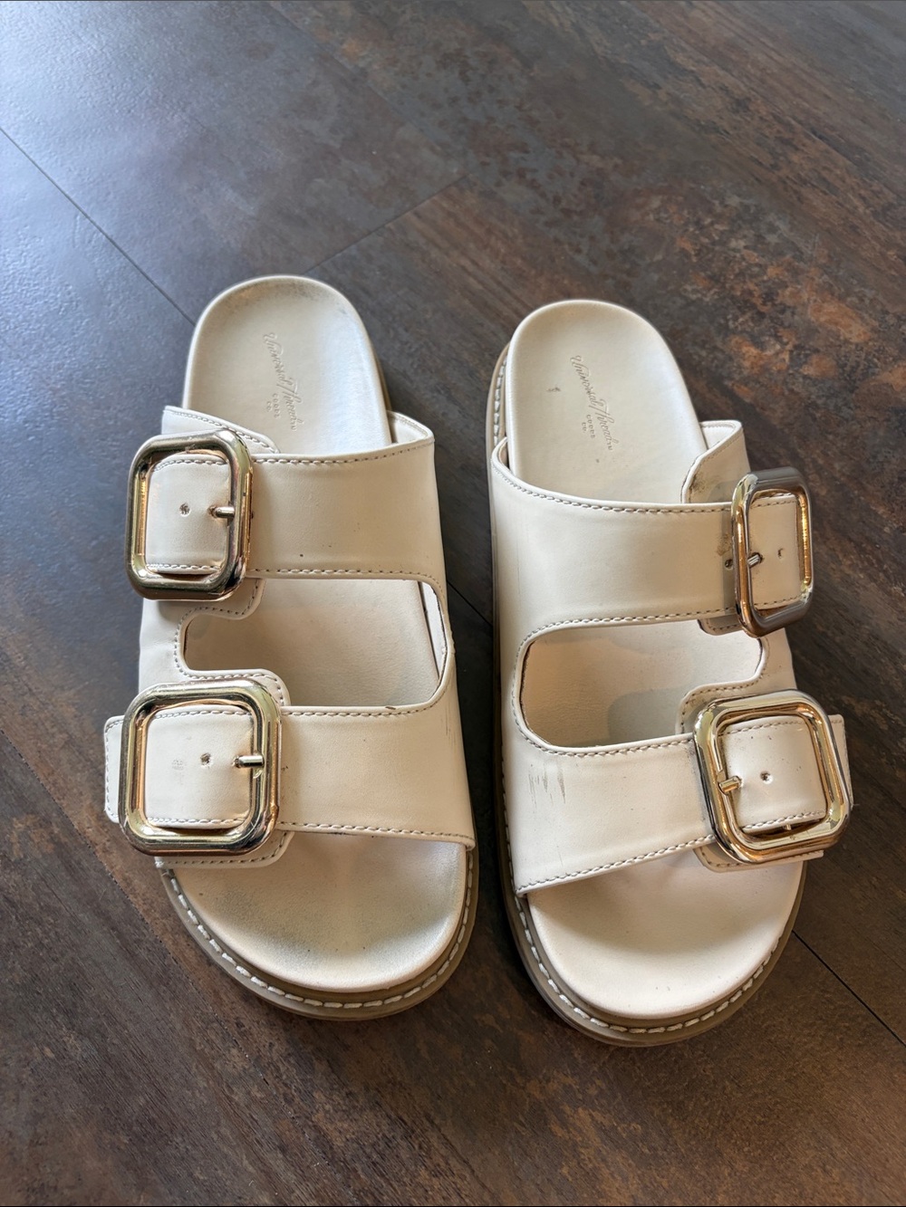 Universal Thread Cream Double-Buckle Slide Sandals with Gold Buckles